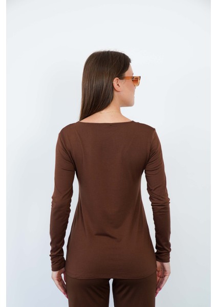 Yumuşak, Rahat ve Şık Viskon V Yaka Tişört-Kahverengi modelleri