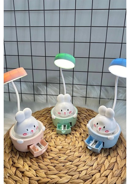 Sevimli Tavşan Tasarımlı Şarjlı Masa Lambası, LED Işık ve Sticker Hediye