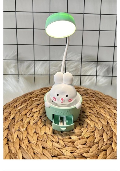 Sevimli Tavşan Tasarımlı Şarjlı Masa Lambası, LED Işık ve Sticker Hediye