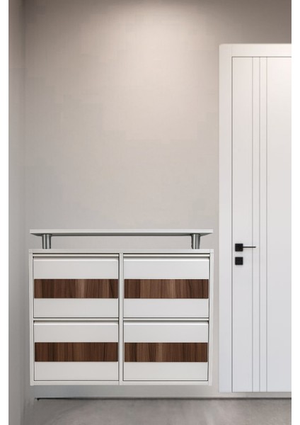 2+2 Beyaz Metal Ayakkabılık Ahşap Detaylı