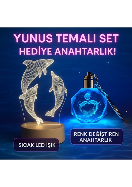 Renkli Yunus Temalı Gece Lambası ve Işıklı Anahtarlık Seti (Hediye)