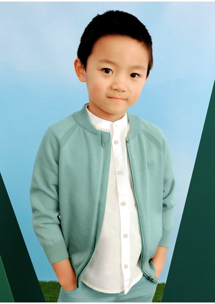 04-10 Yaş Erkek Çocuk Çağla Yeşili Fermuarlı Hırka - Çağla Yeşili