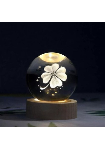 Aydınlatmalı Yonca Tasarımlı Ahşap Altlıklı Cam Küre, Büyük Boy, 8cm Cam, 2cm Ahşap