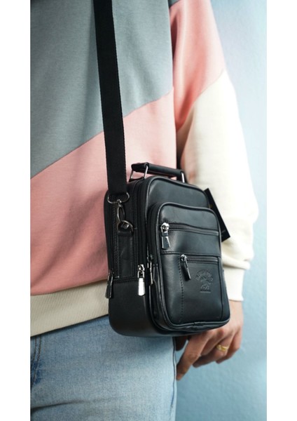 Şık Siyah Hakiki Deri Erkek El ve Omuz Çantası, Çelik Kasalı, Zarif Tasarım modelleri