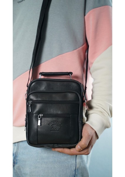 Şık Siyah Hakiki Deri Erkek El ve Omuz Çantası, Çelik Kasalı, Zarif Tasarım