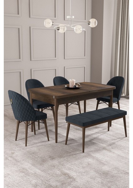 Calvin Barok 80X132 Açılabilir Mdf Masa Yemek Odası Takımı, Mutfak Takımı 4 Sandalye, 1 Bench