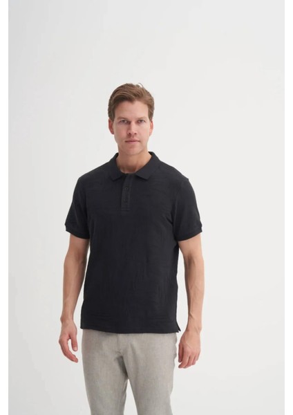 Polo Yaka Regular Fit Örme Dalga Desenli Tişört