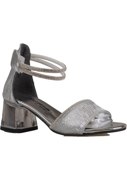 Gümüş Taş Işleme Saten Cırtlı Kız Çocuk Klasik Ayakkabı