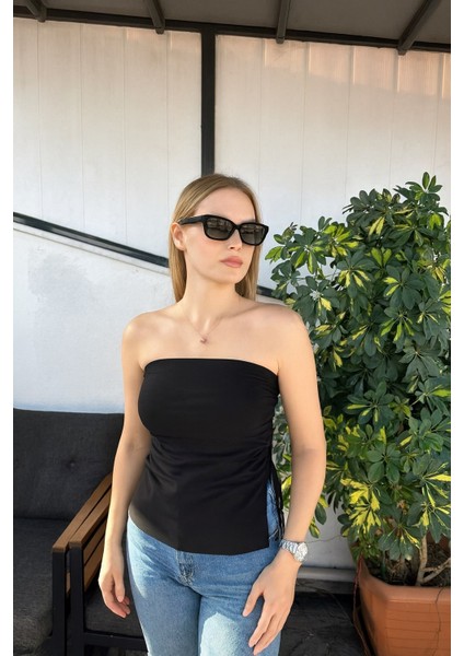 Lupinn Moda Kadın Straplez Büzgülü Askısız Bluz – Bordo ve Siyah Renk Seçenekli