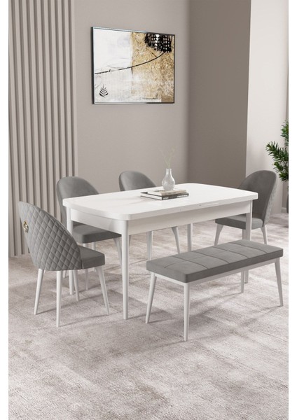 Milas Beyaz 80X132 Açılabilir Mdf Masa Yemek Odası Takımı, Mutfak Takımı 4 Sandalye, 1 Bench