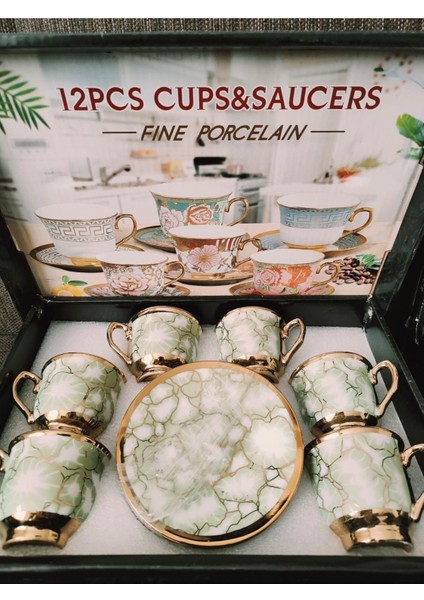 6'lı Lüx Kahve Fincan Seti, Altın Sarısı, Yeşil ve Beyaz Detaylar