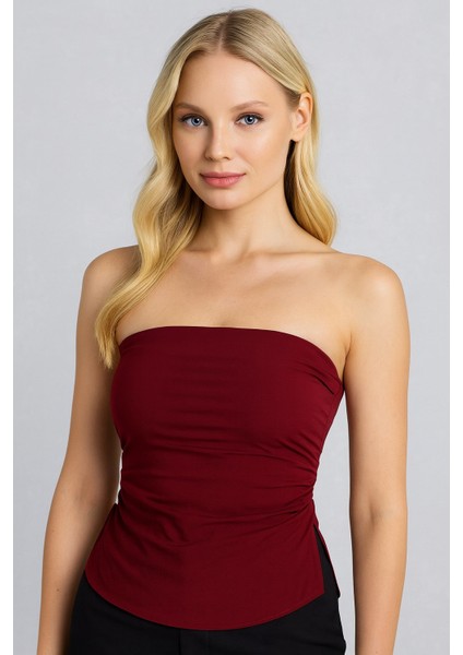 Lupinn Moda Kadın Straplez Büzgülü Askısız Bluz – Bordo ve Siyah Renk Seçenekli