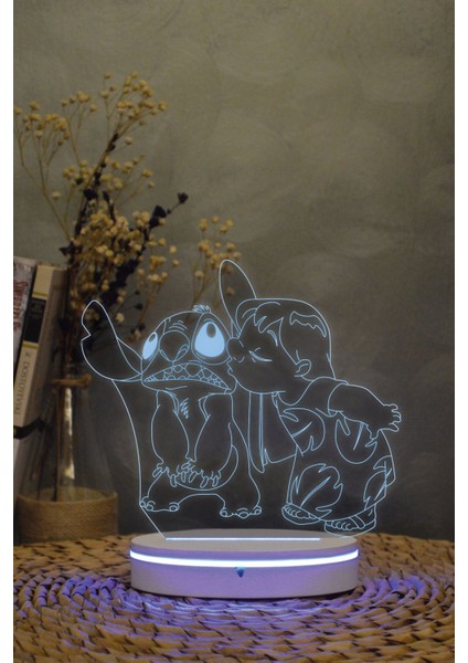 3D Lilo ve Stich Gece Lambası, 16 Renkli Dekoratif Işık, Çocuk Odası Aksesuarı