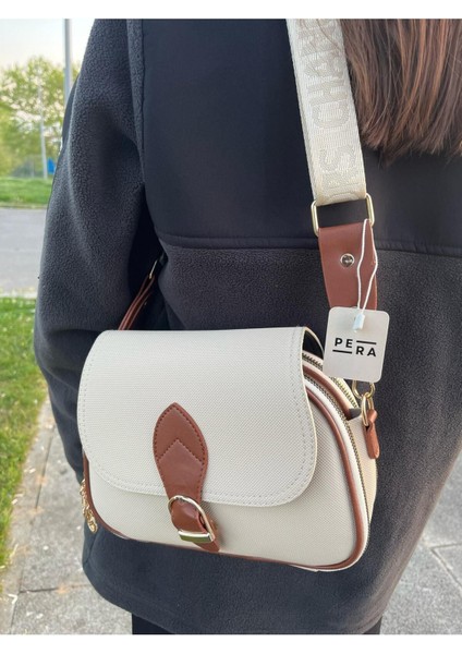 Krem Renkli 3 Bölmeli Kadın Kol ve Omuz Çantası, Şık ve Kullanışlı Tasarım