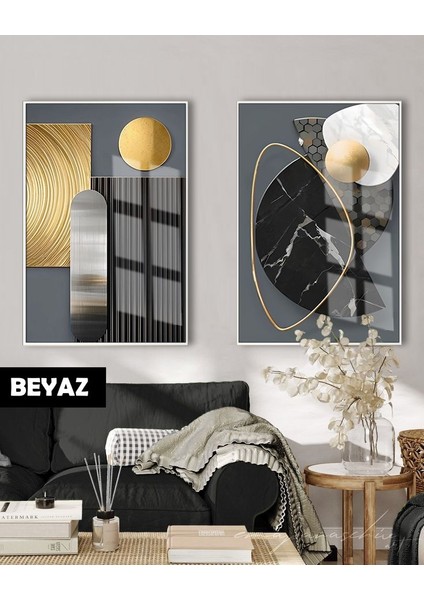 |(Boho) Siyah&gold Set Modern Kombini|çerçeveli Cam Tablo 2li Dikey