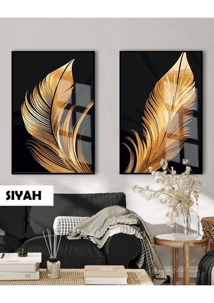 HARİKABİREV|01SİYAH&GOLD Set Tüy Kombini |çerçeveli Cam Tablo 2li Dikey
