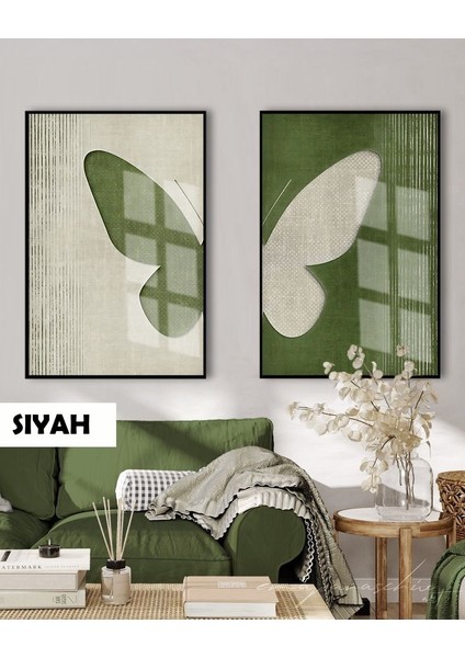 |gri&yeşil Kelebek Modern Kombini |çerçeveli Cam Tablo 2li Dikey