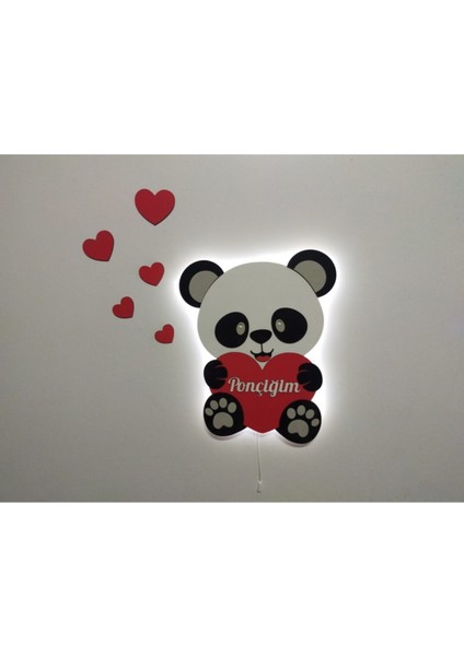 Ahşap Kalpli Panda Işıklı Gece Lambası Ledli Dekoratif Aydınlatma
