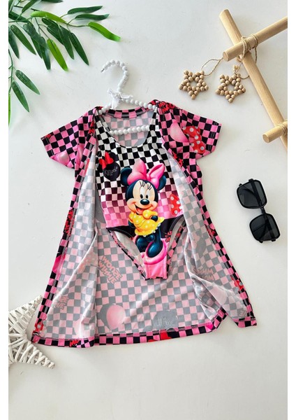 Pelerinli Mnn Ms Baskılı Kız Çocuk Mayo bikini takım - Pembe