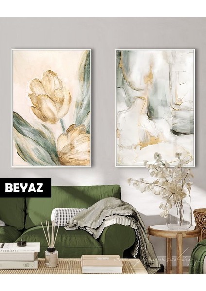|sarı&yeşil Soyut Lale Modern Kombini |çerçeveli Cam Tablo 2li Dikey