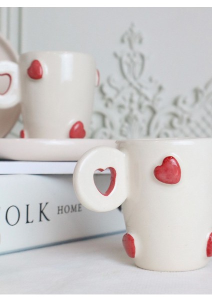 El Yapımı Kalp Figürlü Seramik Kahve Fincan Seti, 90ML, Kırmızı Renk fiyatları