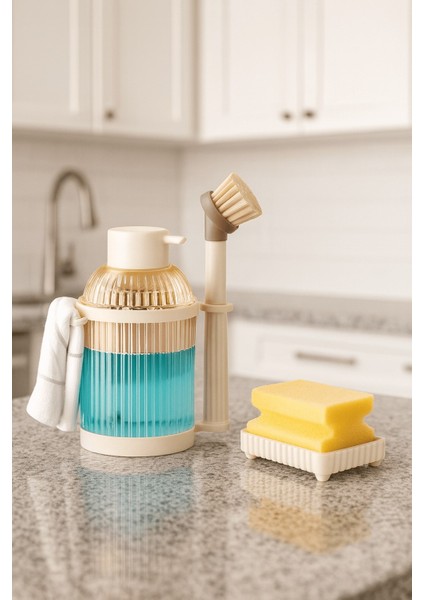 4 Parça Mutfak & Banyo Beyaz Temizlik Seti – Sıvı Sabunluk, Fırça, Havluluk & Süngerlik