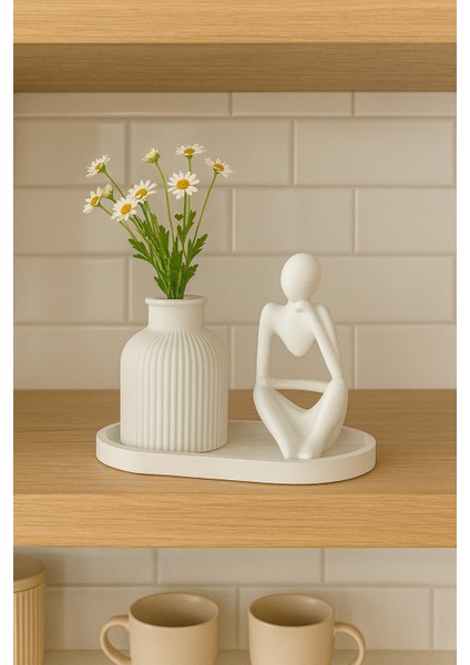 El Yapımı 3 Parça Dekoratif Set – Modern Insan Figürü Heykel ve Çizgili Vazo – Minimalist Masaüstü Dekor fırsatları