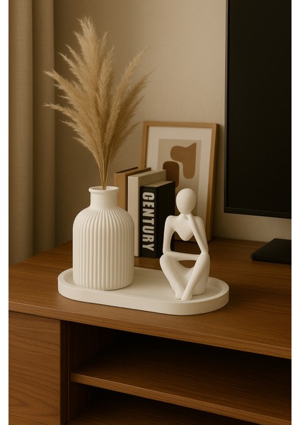 El Yapımı 3 Parça Dekoratif Set – Modern Insan Figürü Heykel ve Çizgili Vazo – Minimalist Masaüstü Dekor