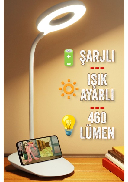 Dokunmatik Masa Lambası, 3 Renk, 24 Led, Telefon Tutmalı, Kademeli Işık Ayarlı