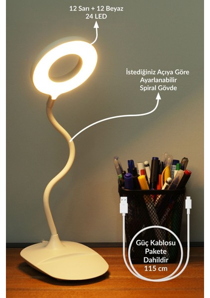 Dokunmatik Masa Lambası, 3 Renk, 24 Led, Telefon Tutmalı, Kademeli Işık Ayarlı indirimleri