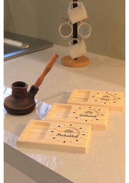 3'lü Ahşap Kahve Sunumluk Seti Bej, Şık ve Doğal Tasarım