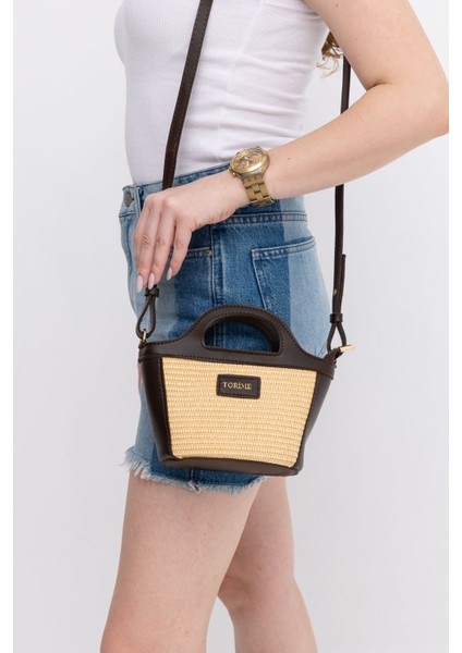 Hasır Detaylı Uzun Askılı Kadın Küçük Boy Omuz ve Kol Çantası, Kahverengi