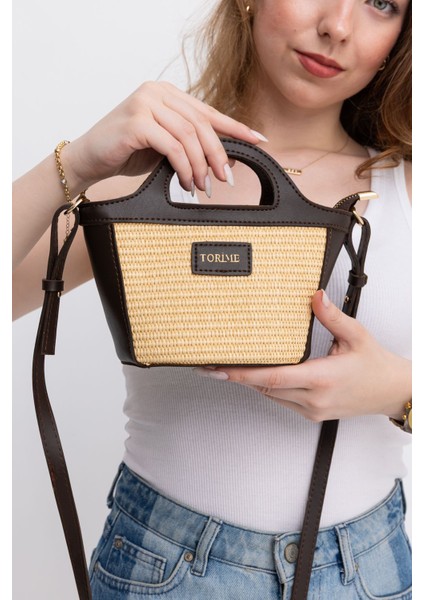 Hasır Detaylı Uzun Askılı Kadın Küçük Boy Omuz ve Kol Çantası, Kahverengi fırsatları