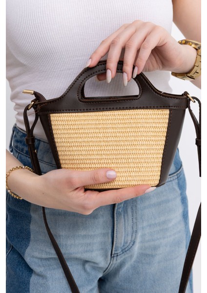 Hasır Detaylı Uzun Askılı Kadın Küçük Boy Omuz ve Kol Çantası, Kahverengi indirimleri