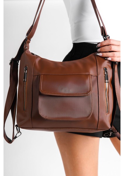 Kahverengi Kadın Saten Kumaş Su Geçirmez Çok Fonksiyonlu Sırt ve Kol Çantası
