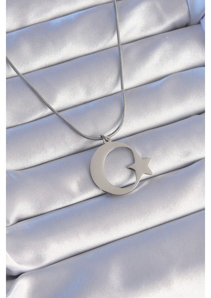 316L Çelik Gümüş Renk Ay Yıldız Model Unisex Kolye