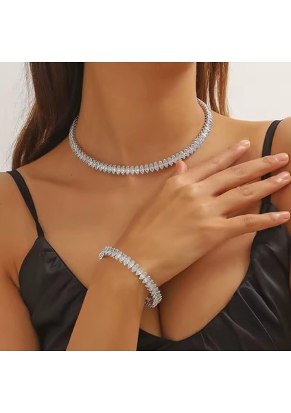 Gümüş Rengi Zirkon Choker kolyeli Kolye küpe ve Bileklikten oluşan Çelik Takı Seti | Sns50081065 modelleri