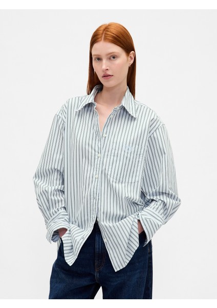 Kadın Mavi Organik Pamuk Poplin Big Gömlek