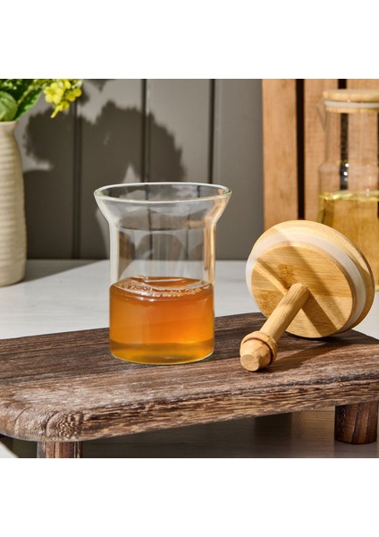 Bambu Kaşıklı Bal Kavanozu - Şeffaf - 14,5 cm