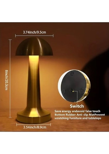 Şık Metal Mantar Masa Lambası, Kablosuz, Ledli, Dokunmatik, Şarjlı, Dim Edilebilir, Sarı fırsatları