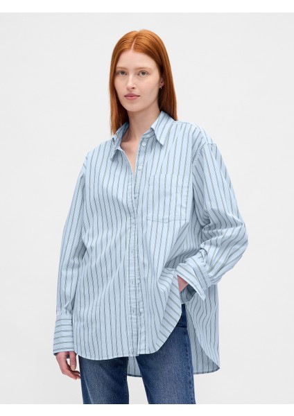Kadın Mavi Organik Pamuk Poplin Big Gömlek