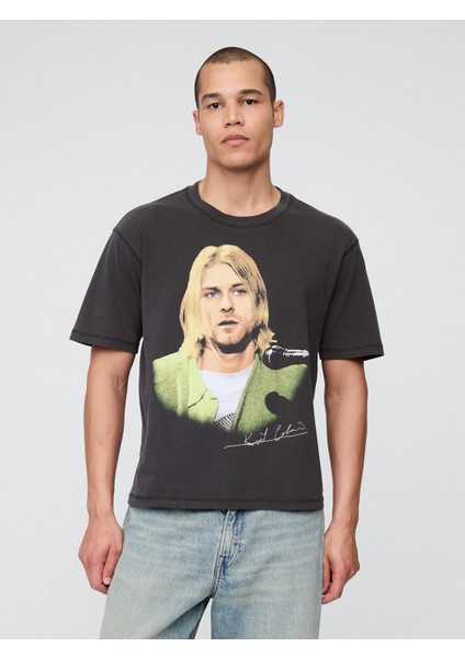 Erkek Siyah Kurt Cobain Relaxed Crop Grafik T-Shirt