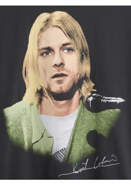 Erkek Siyah Kurt Cobain Relaxed Crop Grafik T-Shirt modelleri