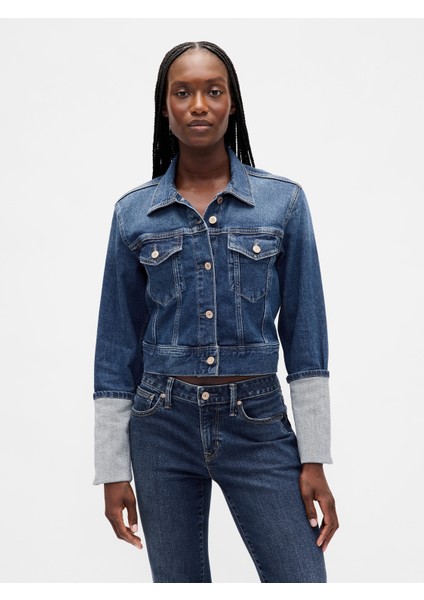 Kadın Mavi Pin-Cuff Kısa Kol Icon Denim Ceket