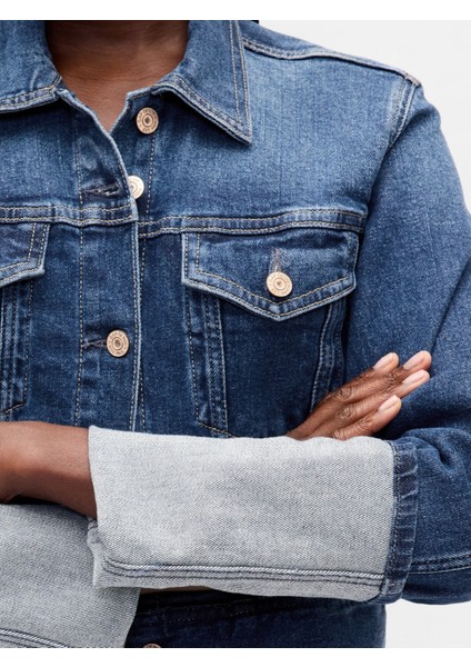 Kadın Mavi Pin-Cuff Kısa Kol Icon Denim Ceket modelleri