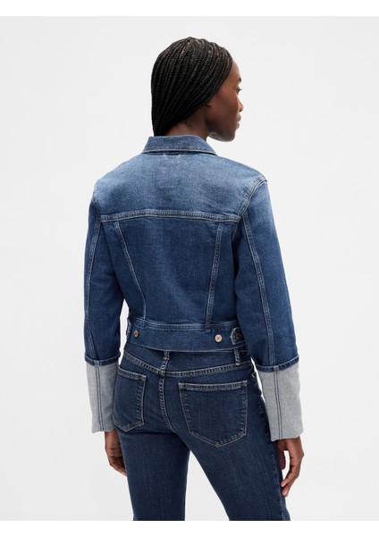 Kadın Mavi Pin-Cuff Kısa Kol Icon Denim Ceket fırsatları