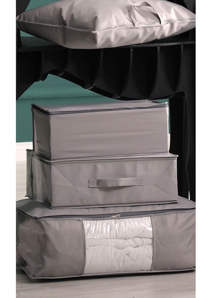 3'lü Set 53 x 44 x 21 cm Baza Altı & Dolap Içi Organizer, Yorgan & Yastık Düzenleyici Hurç Gri