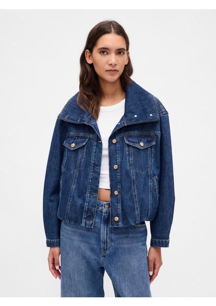 Kadın Mavi Denim Oversized Bubble Ceket