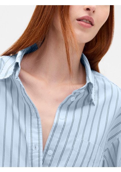 Kadın Mavi Organik Pamuk Poplin Big Gömlek modelleri