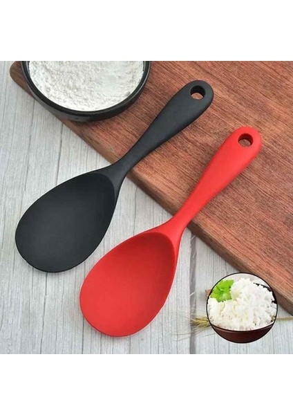 2 Adet Ultra Sert Uçlu Silikon Servis Pilav Tatlı Kaşığı Kaşık Seti Asılabilir Kaşık Yanmaz Yapışmaz